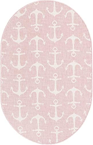 Unique Loom Outdoor Coastal Collection Area Rug - Ahoy (3' 3" x 5' 3" Oval, Pink/ Ivory) - Image 3