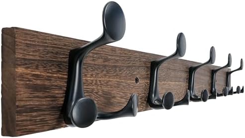 WEBI Coat Rack Wall Mount,30" Solid Wood Coat Hooks Wall Mounted Coat Hanger,16" Hole to Hole,Heavy Duty Hook Rack Rail,5 Triple Hooks for Hanging Coats,Jacket,Clothes,Hat,Backpack,Weathered Brown by WEBI