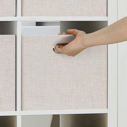 Posprica Closet Storage Bins, 4 Pack Large Closet Shelf Organizers, Linen Fabric Decorative Storage Baskets for Organizing, Foldable Storage Box for Clothes, 16.5x12x10.25 Inch (Beige) - Image 5