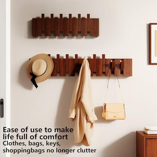 Paint Wood Wall Mounted Coat RackHooks Piano Key Hangers Natural Solid Wood Hanger Non-Woven Fabric Clothes Hangers for Closet, Kitchen, Bedroom, Bathroom, Entryway（Walnut-Beech 12 Hooks） - Image 2