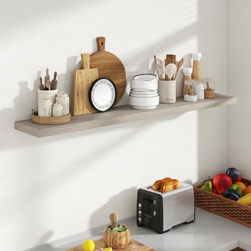 Acovy 55 Inch Floating Shelves, 8 Inch Deep Floating Shelves for Wall, Hanging Shelf with Invisible Brackets, Deep Shelves for Bathroom, Bedroom, Living Room, Grey, Set of 1 - Image 2