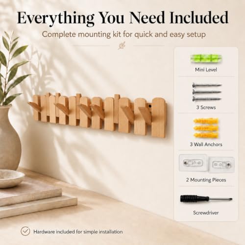 Coat Hanger Wall Mount, Solid Beech Wooden Hooks, Natural, 10 Hooks - Image 5