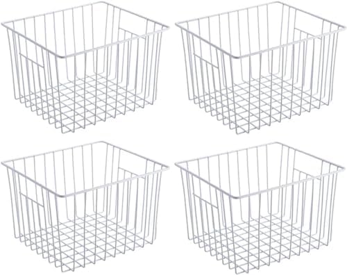 SANNO Freezer Wire Storage Organizer Basket, Refrigerator Storage Baskets Bins Organizer with Built-in Handles for Cabinets, Pantry, Closets, Bedrooms 4 Pack 11"x10"x 7" White by SANNO