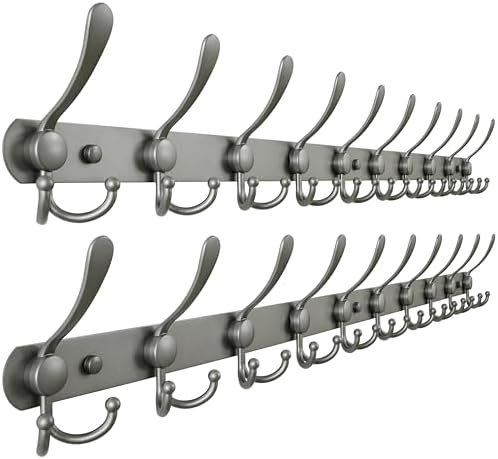 Dseap Coat Rack Wall Mount - 38” Long 10-Tri-Hooks Heavy Duty Coat Hanger Rail Wall Hooks for Hanging Coats Hats Clothing Clothes Purse Mudroom Entryway, Gray, Pack of 2 by Dseap