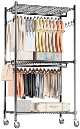 Homdox Heavy Duty Clothing Rack with 3 Tier Adjustable Wire Shelves, Garment Racks for Hanging Clothes, Double Rods Clothing Rack, Freestanding Closet Wardrobe with Side Hooks, Black by HOMDOX