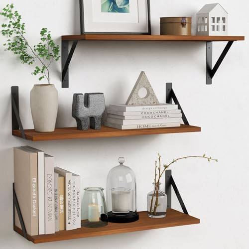 Forbena Walnut Brown Wall Bookshelf, 24 x 8 Inch Floating Bookshelves Set of 3, Large Floating Book Shelves for Bedroom, Long Wooden Wall Shelving Unit for Living Room Office Closet Storage (Walnut) by Forbena