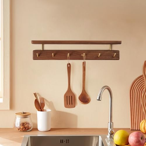 Solid Wood Shelf with Hooks, 19 inch Coat Rack Wall Mount, Shelves with 6 Brass Hooks for Hanging in Entryway, Living Room, Bathroom, Bedroom, Kitchen(Walnut) - Image 2