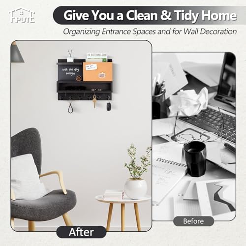 Key Holder for Wall Mount with Mail Organizer, Farmhouse Key Holder for Wall with Shelf, Chalkboard&Corkboard, Entryway Organizer 11 Metal Hooks, Decorative Natural Pine Wood, 14.6*11.1*3.3”, B-Black - Image 6