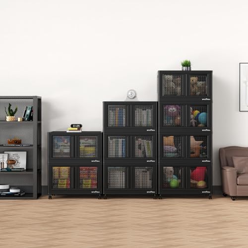 BROVIEW 320Qt Storage Bins with Lids, 80Gal Plastic Stackable Collapsible Storage Bins with Doors Wheels, Closet Organizers and Storage, Foldable Box Cabinet for Home Office Garage, 4Pack Black Cube - Image 6