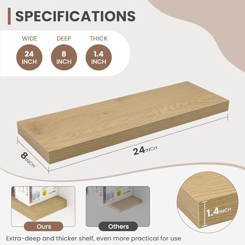 Acovy 24 Inch Floating Shelves, 8 Inch Deep Floating Shelves for Wall, Hanging Shelf with Invisible Brackets, Deep Shelves for Bathroom, Bedroom, Living Room, Oak, Set of 2 - Image 3