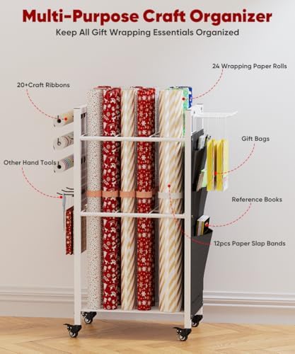 Wrapping Paper Storage Organizer with Wheels & Bag Storage, White - Image 4