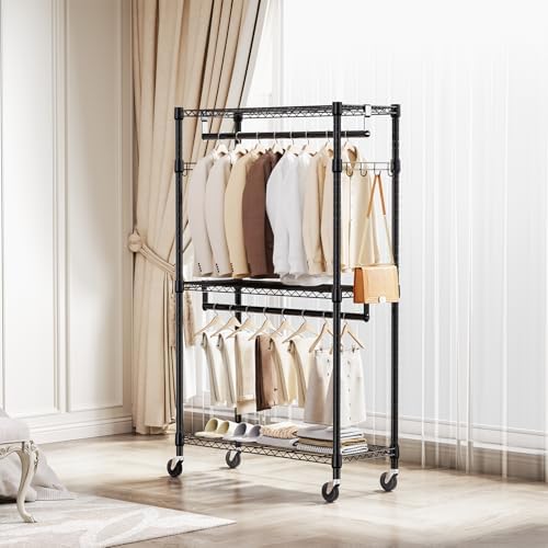 M MZG Heavy Duty Rolling Garment Rack 3 Tiers Adjustable Wire Shelving Clothes Rack with 2 Rods and Side Hooks,Storage Closet Clothing Rack with Wheels Black 15.7" D x 29.5" W x 74.5" H - Image 2