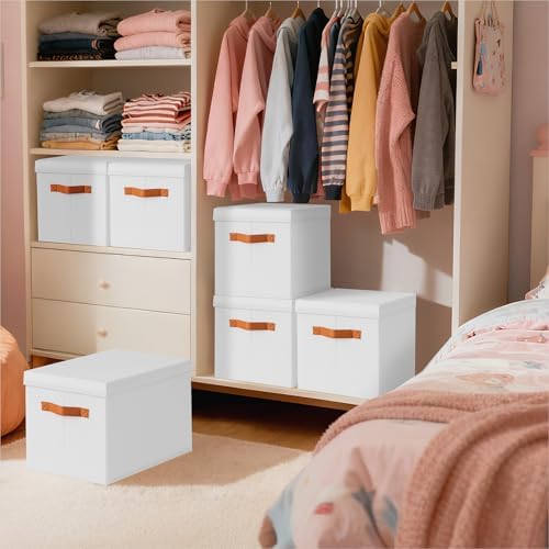 Homsorout Storage Bins with Lids - Large Fabric Closet Bins with Lid, 6 Pack Clothes Organizers and Storage, Collapsible Stackable Cube Basket for Home, Office, Dorm, White - Image 5