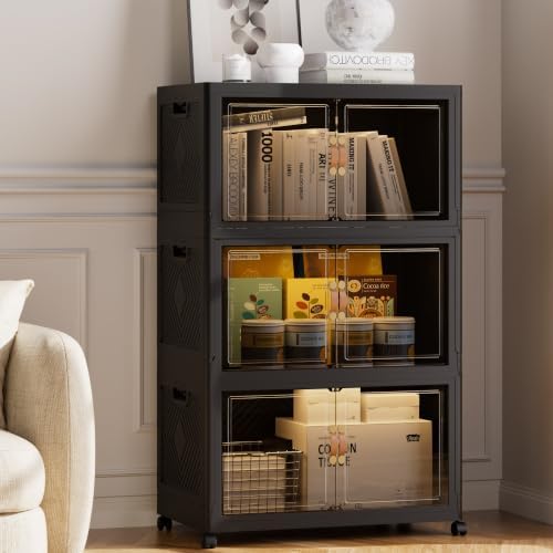 SAILUN 507QT/126Gal Stackable Storage Bins with a Lid, Collapsible Storage Bins with Doors, Folding Cabinet for Home Closet Organization,3 Pack-30 W x 19.7" D x 49.6" H Black by SAILUN