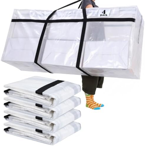 Windyun 4 Pack 121 Gallon Extra Large Moving Bags XXL Heavy Duty Storage Bag with Strong Zipper Handle Jumbo Big Tote Box Foldable for College Dorm Travel Clothes Duffle Blanket Pillow(Transparent) by Windyun