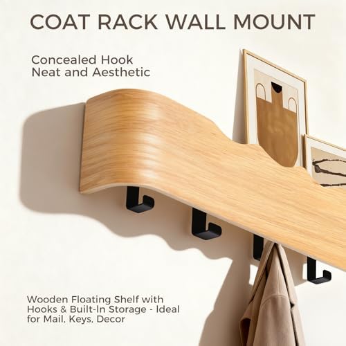 Coat Rack Wall Mount with Shelf Entryway Shelf Modern Key Holder Hanger Wall Shelves with Hidden Hooks for Hanging Towels Coats Hats Bags for Hallway Bathroom Bedroom (Wavy Oak, 8 Hooks) - Image 4