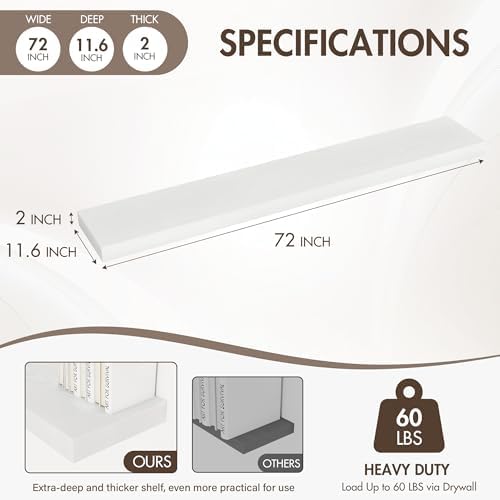 Acovy 72 Inch Floating Shelves, 12" Deep Floating Shelf Wall Mounted, 72" Wall Shelves, Rustic Deep Bookshelf, Extra Deeper & Thicker Display Shelves for Bedroom, Living Room, Set of 2 - Image 4