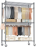 Homdox Heavy Duty Rolling Clothing Rack, Adjustable Garment Rack with 3 Tier Storage Shelves, Freestanding Closet Wardrobe for Hanging Clothes with Side Hooks, Gray by HOMDOX