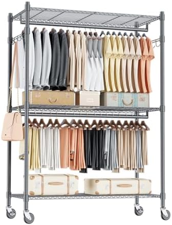 Homdox Heavy Duty Rolling Clothing Rack, Adjustable Garment Rack with 3 Tier Storage Shelves, Freestanding Closet Wardrobe for Hanging Clothes with Side Hooks, Gray by HOMDOX