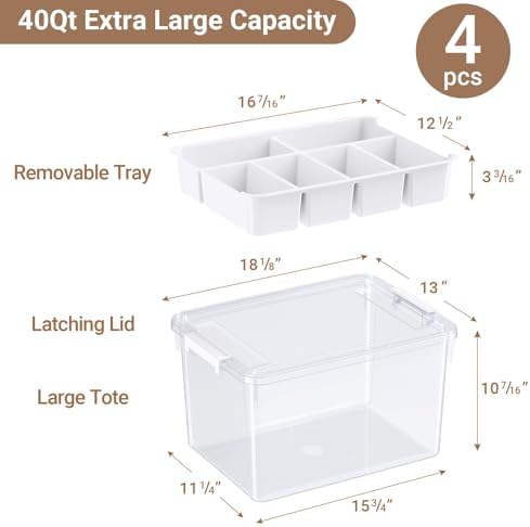 160Qt Stackable Storage Bins with Lids Trays Craft Box Organizers, 4Pack,WH - Image 2