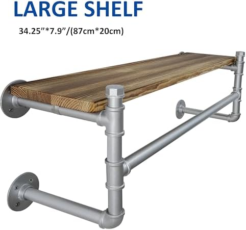 WEBI Wall Mounted Clothes Rack with Shelf,32" Industrial Pipe Clothing Rack with Shelf with Hanging Rod,Heavy Duty Iron Garment Rack Bar,Retail Display Clothes Rod for Laundry Room,Closet,Silver - Image 6