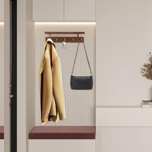 Solid Wood Shelf with Hooks, 15 inch Coat Rack Wall Mount, Shelves with 5 Brass Hooks for Hanging in Entryway, Living Room, Bathroom, Bedroom, Kitchen(Walnut) - Image 3