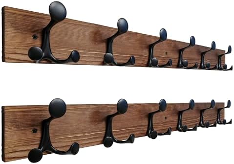 SKOLOO 36-Inch Wood Coat Rack Wall Mount with 6 Triple Hooks, Pine Material, Charred Golden Brown Finish, Ideal for Family Entrances, Classrooms, and Pet Supplies Storage, Pack of 2 by SKOLOO