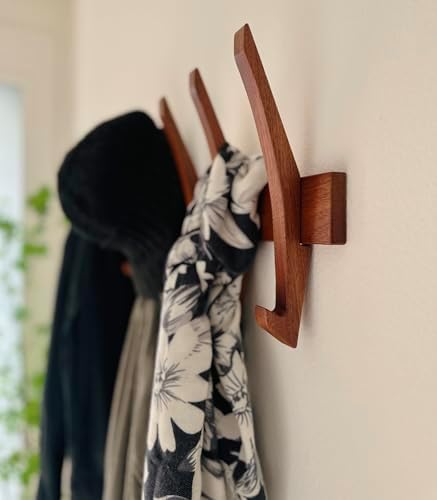 Wooden Wall Hook Rack with 5 Hooks, Solid Sapele Wood Coat Rack, Mid-Century Modern Wall Mounted Entryway Organizer, Heavy-Duty 22 lb Capacity by FlyntAve