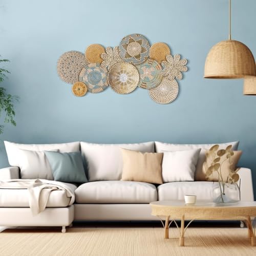 11 Pcs Boho Hanging Wall Basket Decor Handmade Woven Basket Wall Decorative Boho Wicker Baskets Placemats Round Farmhouse Bulrush Art for Rustic Home Decorations Christmas Gift(Bright) - Image 2