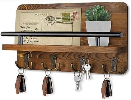 Key Holder for Wall, Wooden Key Hooks Wall Mount Mail Organizer Hanger Rustic Wooden Mail Rack Organizer with Hooks for Home Mudroom Office Entryway Hallway by Felenny