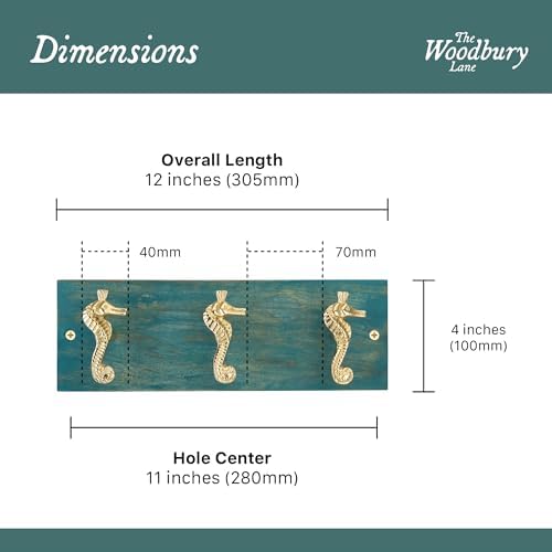 Coastal Wall Mounted Coat Rack with 3 Polished Brass Seahorse Hooks for Hanging, Distressed Hook Rail for Hat & Coats, Nautical Beach Themed Organizer for Entryway & Bathroom - Image 2