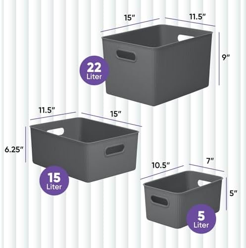 Superio Ribbed Collection - Decorative Plastic Basket Open Home Storage Bins Organizer, Grey (Set of 3) 1 X-Large, 1 Large, 1 Medium - Container Boxes for Organizing Closet Storage Bins for Shelves - Image 2