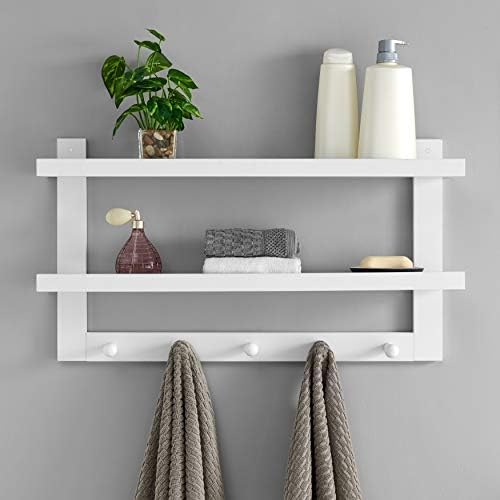 Danya B 2-Tier Ledge Wall Shelf Organizer with Five Hanging Coat or Towel Hooks - Perfect for Entryway or Bathroom (White) - Image 2