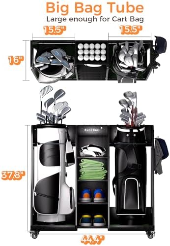 SuniBoxi Wooden Golf Bag Organizer with Wheels, 2-Bags Storage, Dark Black - Image 4