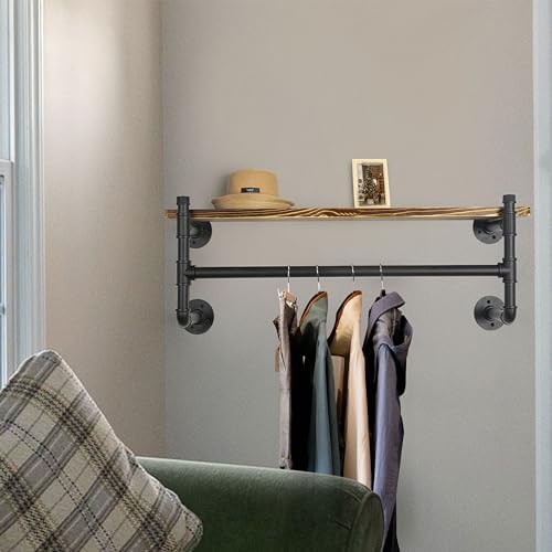 WEBI Wall Mounted Clothes Rack with Shelf,41.3" Long Industrial Pipe Clothing Rack with Shelves,Heavy Duty Iron Garment Rack Bar,Retail Display Clothes Rod for Clothes,Laundry Room,Black - Image 6