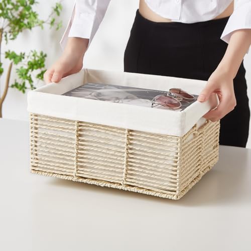 Vagusicc Wicker Storage Baskets, 6 Pack Baskets for Organizing, Wicker Basket with Handle, Rectangular Basket for Storage Shelves, Cube Storage Bins for Closet/Clothes/Dresser, Beige - Image 3