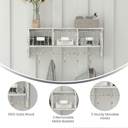 Merrick Lane Enid Wall Mount Storage Rack - Whitewashed Pine Wood - 24" Wide - Upper Shelf - 5 Hooks - Wire Baskets - For Entryway, Kitchen, Bathroom - Image 4