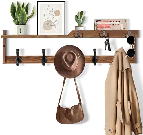 29'' Coat Rack Wall Mount with Shelf, Coat Hanger Wall Mount with Key Hooks and Mail Holder, Wood Entryway Floating Shelf with Hooks and Storage, Hat Rack for Wall Key Holder Mail Organizer by dreampossible