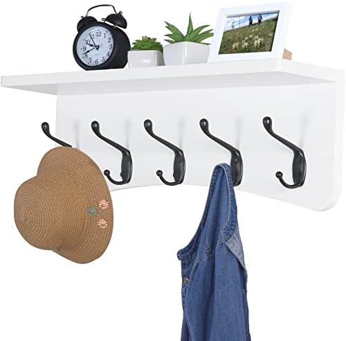 TEG01B Coat Rack Wall Mount with Shelf and 5 Hooks - 17-Inch Heavy Duty Pine Wood Entryway Rack - For Mudroom, Kitchen, Bathroom by Dseap
