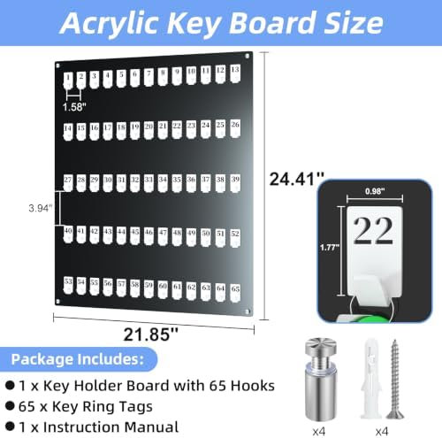 65 Hooks Acrylic Key Board with Numbers, Wall Mount Key Holder Rack with 65 Tags, Key Storage Organization, Black Hanging Board for Garage, Car Dealer, Office, Home, Hotel, Real Estate, School - Image 2