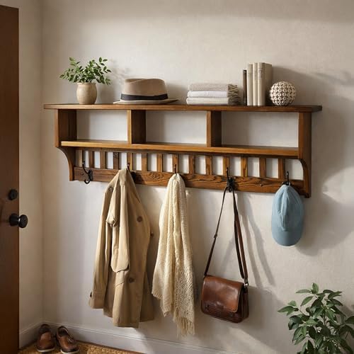 Rustic Red Door Co. Mission Style Coat Rack Wall Mounted with Cubbies and Shelf, Entryway Wooden Hanger with 3 Hooks for Jacket, Towel or Hat, Farmhouse Decor, Oak Wood, Michaels Stain - Image 2