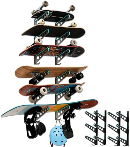 Skateboard Rack Wall Mount with Hooks, Metal Holder for Longboards, Snowboards and Skis, Sports Equipment Organizer for Home Garage by Unknown
