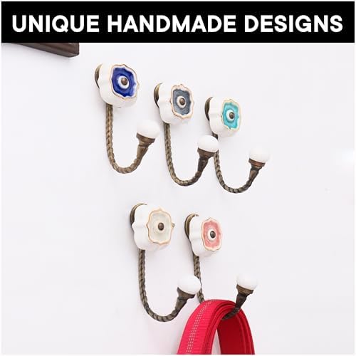 Indian Shelf Pack of 6 Ceramic Wall Hooks for Hanging Clothes - Multicolor Solid Gold Line Wall Coat Hooks - Ceramic Clothing Hooks - Solid Gold Line Keys Hanging - Image 6