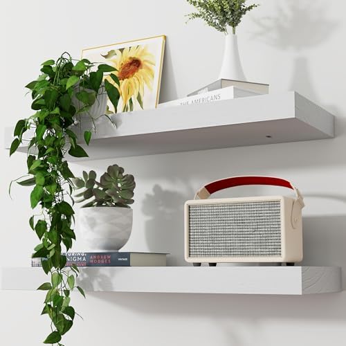 Axeman Floating Shelves, 2 Pack 8 Inch Deep Rustic Solid Wood Wall Shelves for Storage, Wall Mounted Display Shelving with Invisible Heavy-Duty Metal Bracket, 24" W x 8" D x 1.6" H, Distressed White by Axeman