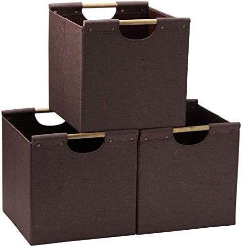 HOONEX Collapsible Storage Bins, 12x12x12in Storage Cubes Linen Fabric, Pack of 3, Storage Baskets with Wooden Carry Handles and Sturdy Heavy Cardboard, for Home, Office, Car, Nursery, Brown by HOONEX