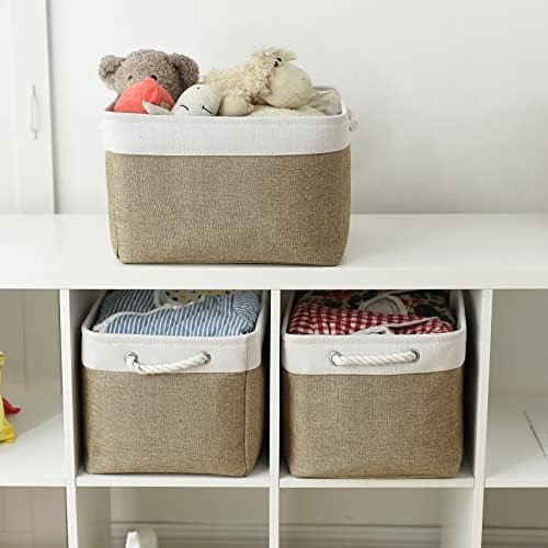 TheWarmHome Organization and Storage Basket for Gifts Empty - 16x12x12 inch Cube Storage bin 3 Pack Fabric Storage Cubes, Collapsible Baskets for Organizer Closet Cloth Gift Toy (White & Khaki) - Image 2