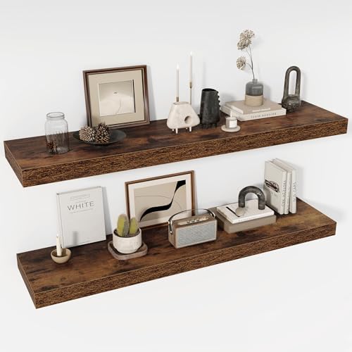 Acovy 48 Inch Floating Shelves, 12" Deep Floating Shelf Wall Mounted, 48" Wall Shelves, Rustic Deep Bookshelf, Extra Deeper & Thicker Display Shelves for Bedroom, Living Room, Brown, Set of 2 by Acovy