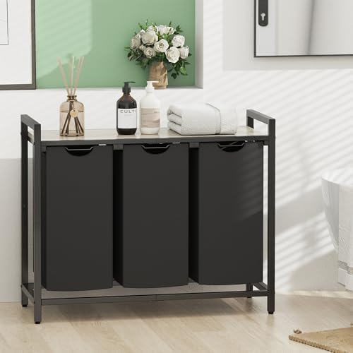 Laundry Hamper, Laundry Basket, Laundry Sorter with 2 Pull-Out and Removable Bags, Shelf, Laundry Room Storage with Table, for Bathroom, Bedroom, 3 x 10.5 Gal (40L), Greige - Image 4