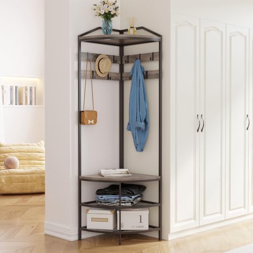 GiftGo Grey Corner Hall Tree with Shoe Bench Entryway Coat Rack with 10 Metal Movable Hooks Rustic Farmhouse Floorstanding Clothes Rack Shoes Shelf Organizer for Home Office Bedroom (Greige) - Image 2