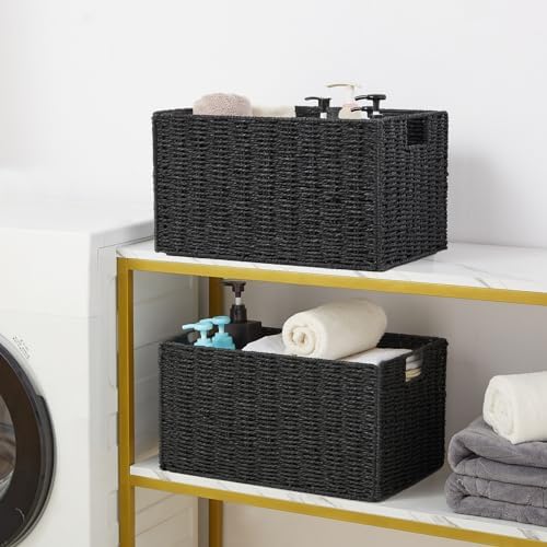 Vagusicc Wicker Storage Basket, Set of 2 Hand-Woven Paper Rope Wicker Basket, Small Storage Baskets for Organizing Toilet Paper Basket, Foldable Large Cube Storage Organizer Bins for Shelves (Black) - Image 3